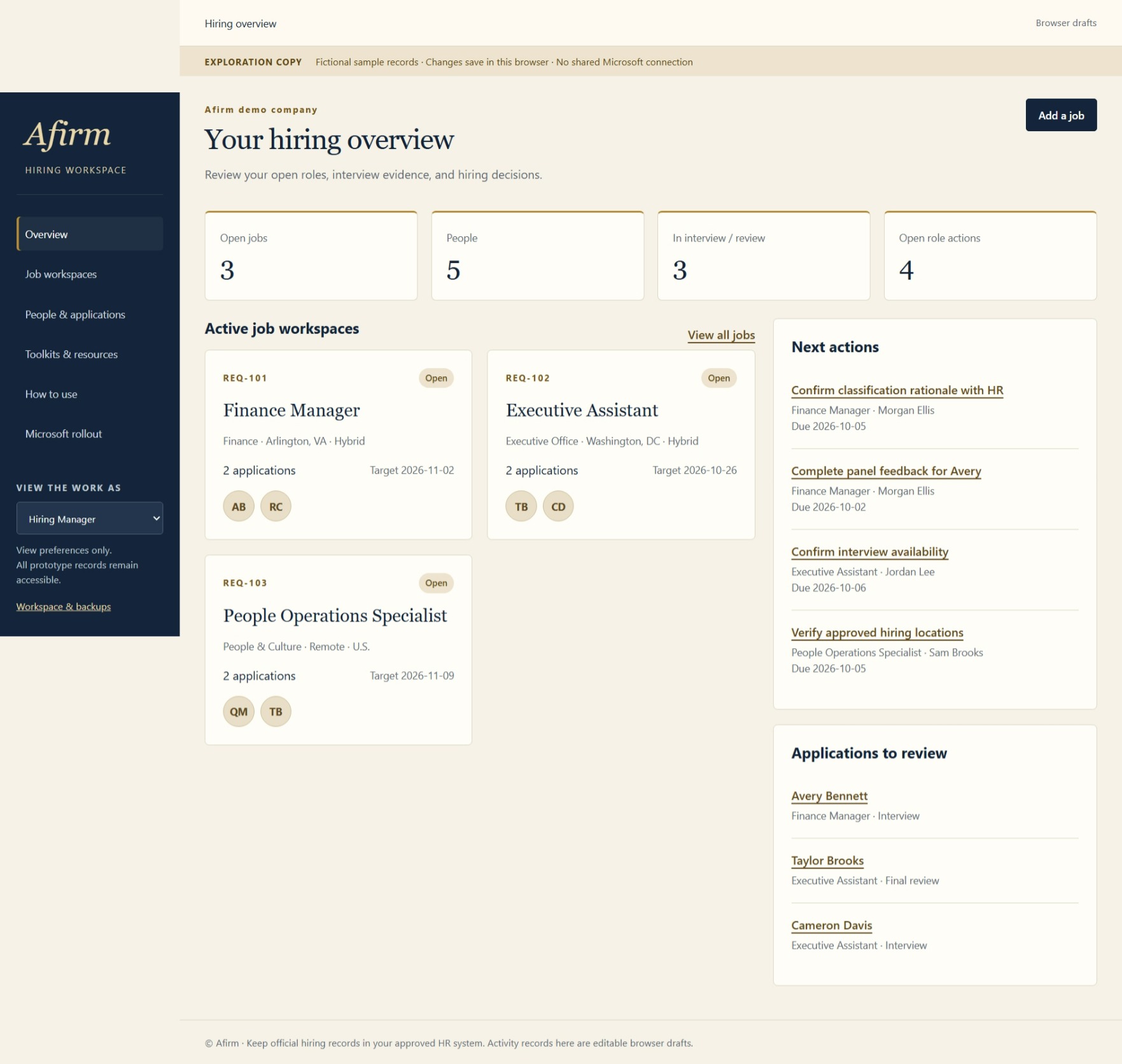 Authentic Afirm Hiring Workspace work sample preview